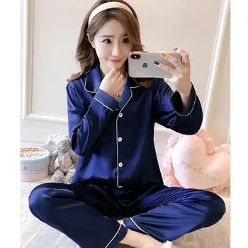 

Female 2PCS Pajamas Suit Intimate Lingerie Navy Blue Sexy Home Clothing Casual Loose Nightwear Homewear Satin Nightgown Pyjamas