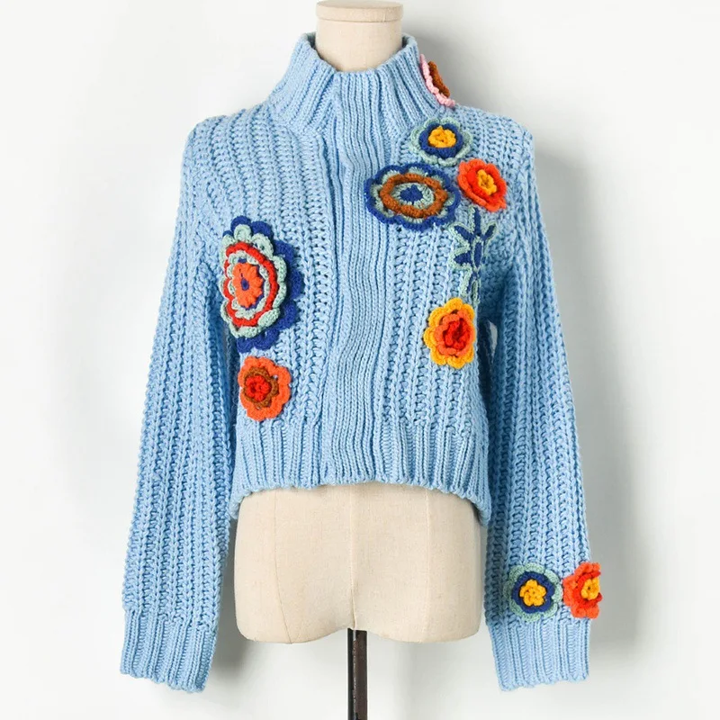 

Runway Women 2019 Short Cardigan Hand Floral Autumn Sweater Loose Knitted Hollow Out Covered Buttons Embroidery Turtleneck Coat