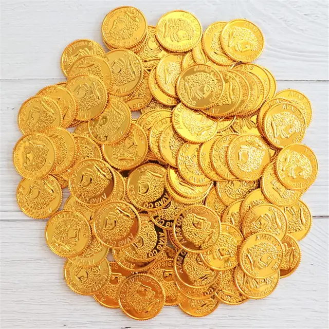 Pirate Gold Coins Plastic Set of 100,Play Gold Treasure Coins for Play Favor Party Supplies, Pirate Party, Treasure Hunt 6