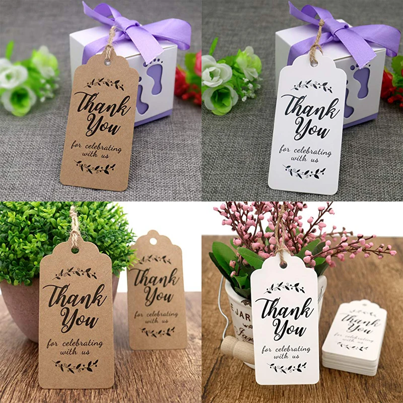 100pcs Kraft Paper Gift Tags with Strings thank you for Celebrating with Us  Handmade with Love Blank label DIY Crafts Gift Tags