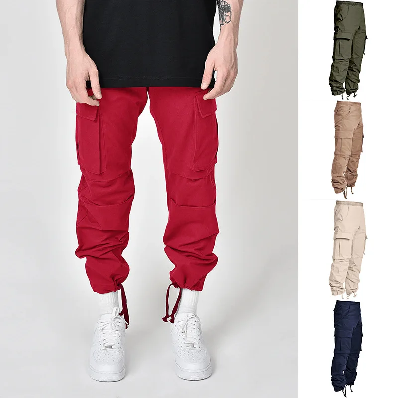 Men Solid Casual Pants Multi-Pocket Army Full Length Trousers Male Military Tactical Cargo Pants Elastic Waist Men’s Trousers