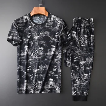 

New Printed Man Sets (T-SHIRTS+PANTS) Plus Size 4xl Luxury Summer Short Sleeve Men Sets With Pants Round Collar Mens Sets