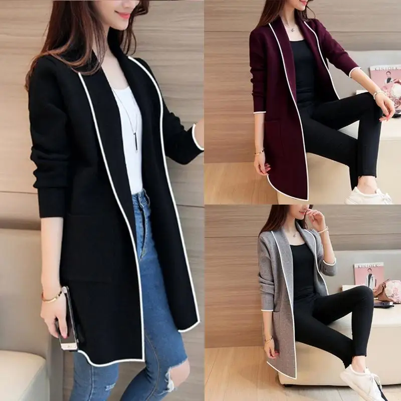 2021 Otoño e Invierno Chaqueta larga de mujer Casual Cardigan de bolsillo para mujer suéter de punto Chaquetas-encuentro para las mujeres chaqueta