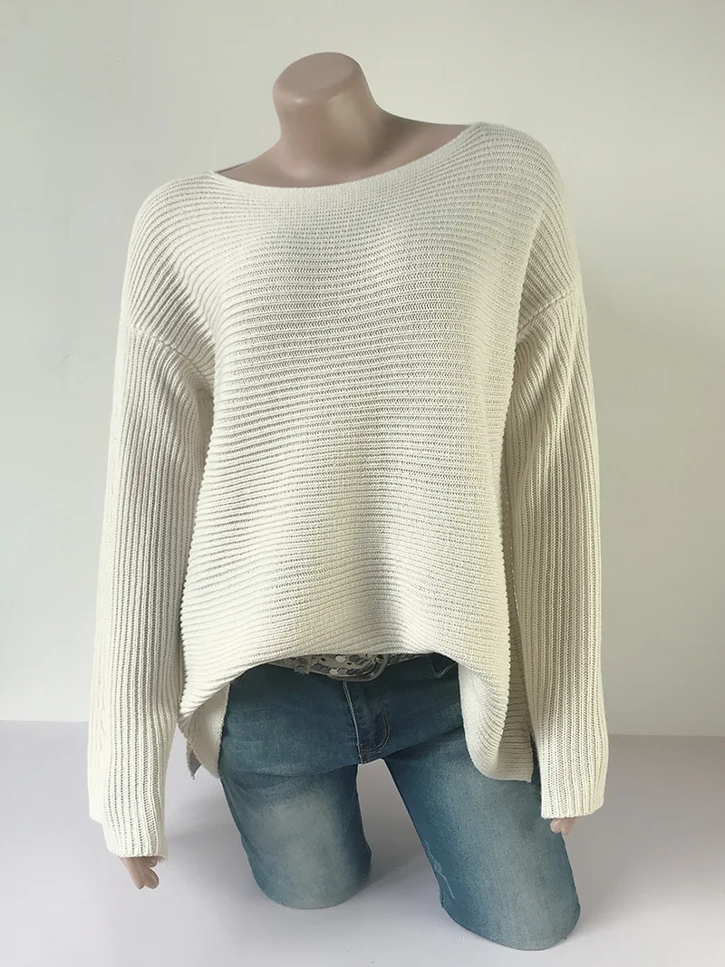 Женский вязаный свитер basicWomen однотонный пуловер на осень и зиму белый цвет 2019 |