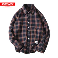SEGGNICE Spring Japanese Retro Loose Long-sleeved Lapel Shirt Labeling Plaid Shirt Male F261