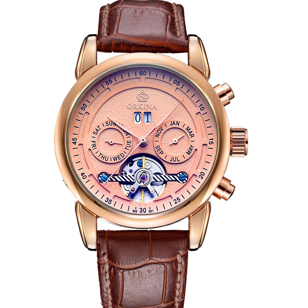 Мужские полые часы Tourbillon автоматические механические часы Календарь многофункциональный ремень мужские часы