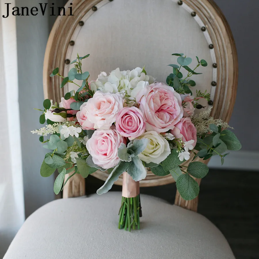 JaneVini 2021 Artificial Wedding Bouquet for Bride Pink Roses Silk Flowers kwiaty sztuczne Green Leaves Bridal Bouquets Brooch