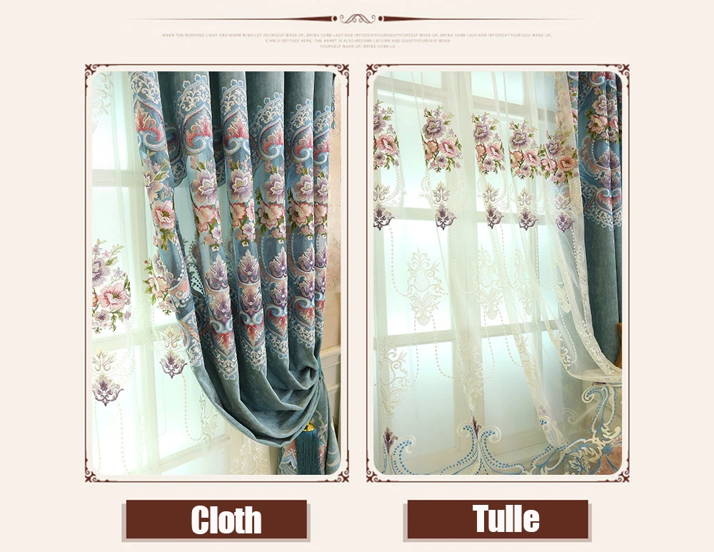 Pink High-end Curtains for Living Room Blue Peony Embroidery Chenille Luxury European Jacquard Floral Window Treatment Drapes