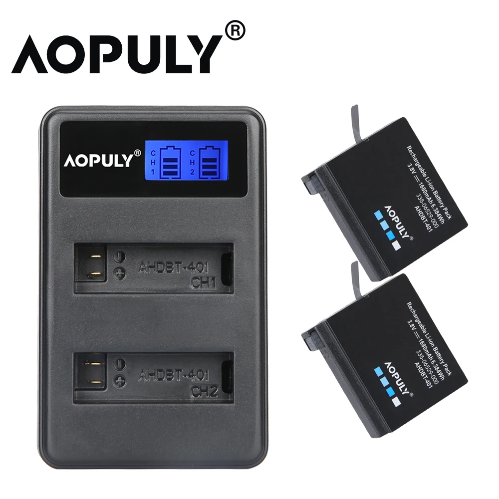 AOPULY 4Pcs 1680mAh Gopro Hero 4 Battery Replacement + LED USB Charger for GoPro HERO4 GoPro AHDBT-401 Action Camera Bateria 