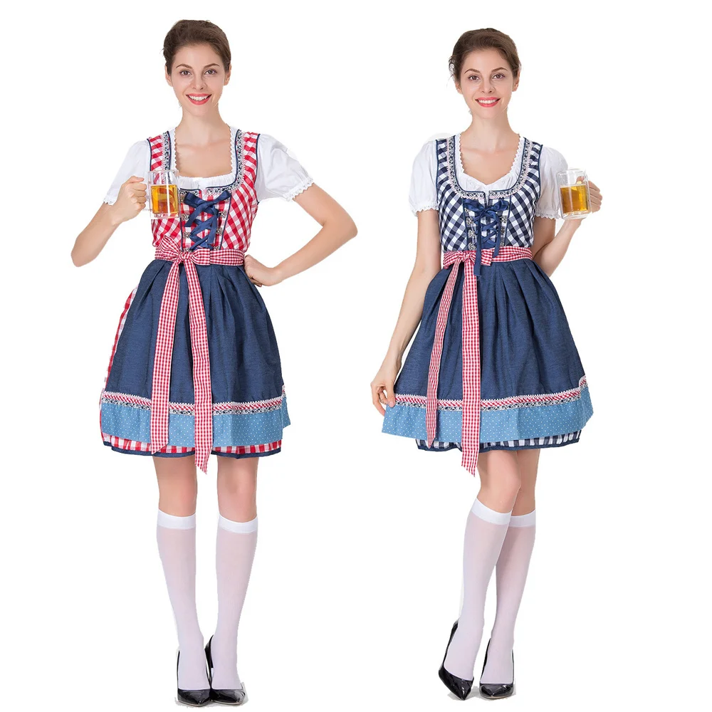 

Ladies Blue And Red Plaid Dirndl Dress German Oktoberfest Costume Bavarian Wench Beer Maid Costume (White Shirt+Dress+Apron)