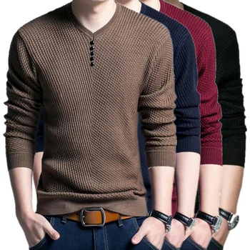 

2019 New Men's Fashion Solid Color Long Sleeves Knit T-shirt Mens Loose Slim Fit V-neck Button Casual Pullovers Slim Fit T-shirt