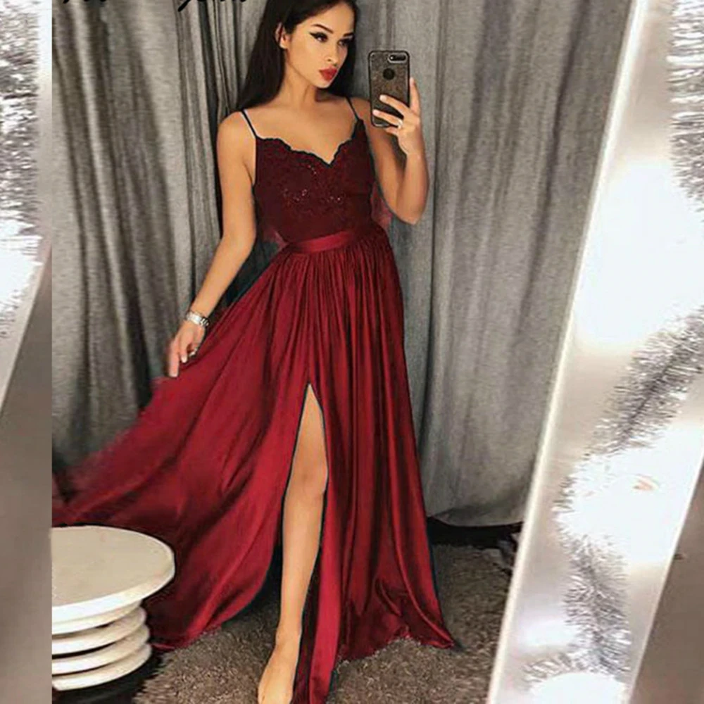 

Sexy Slit Prom Dresses 2020 Spaghetti Straps Long Party Gown Vestidos De Graduacion Lace Bodice Burgundy Prom Dress
