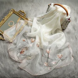 Natural Silk Wool Scarf Embroidered Flowers Women Mulberry Silk Winter Spring Black Shawl Long Comfortable Lady Fashion Scarves