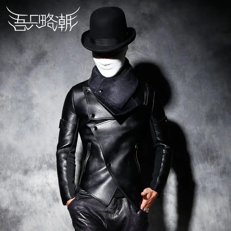 

Winter new European and American personality Slim tide men's leather jacket irregular thickening motorcycle leather jacket