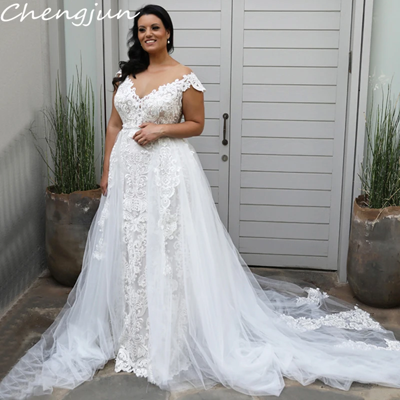 Винтажные кружевные свадебные платья большого размера со съемным шлейфом