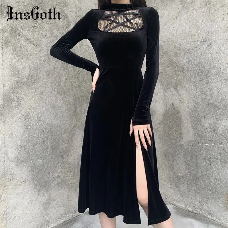 

InsGoth Women Gothic Pentagram Hollow Out Dress Vintage Elegant Velvet High Waist Slit Long Dress Autumn Long Sleeve Sexy Dress