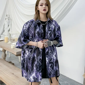 

Lightning Printed Hip Hop Shirts Women 2020 Summer Harajuku Oversized Shirt Loose Long Sleeve Blouse For Woman