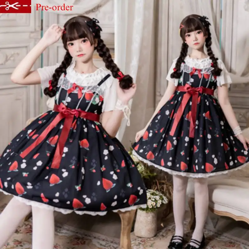 

Original Lolita Dresses Kawaii Strawberry JSK Black Print Sleeveless High Waist Cute Dress Strap A Oversize Dress Pre-order