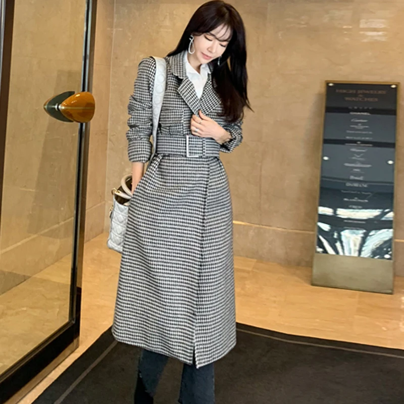 H Han queen/корейский стиль, длинный Женский Тренч в клетку,, зима, OL Hounstooth, средней длины, Тренч, Ретро стиль, тонкая верхняя одежда