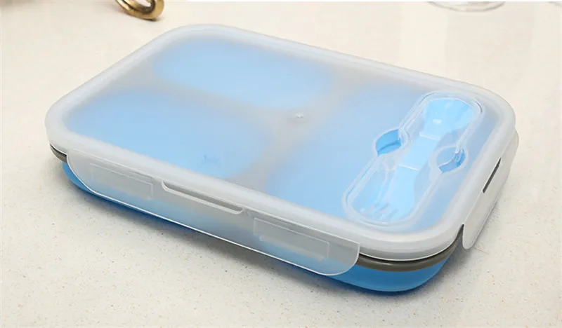 3 ячейки, силиконовый портативный складной Ланч-бокс Bento с замком, безопасный микроволновый бенто складной контейнер для пищевых продуктов для детей