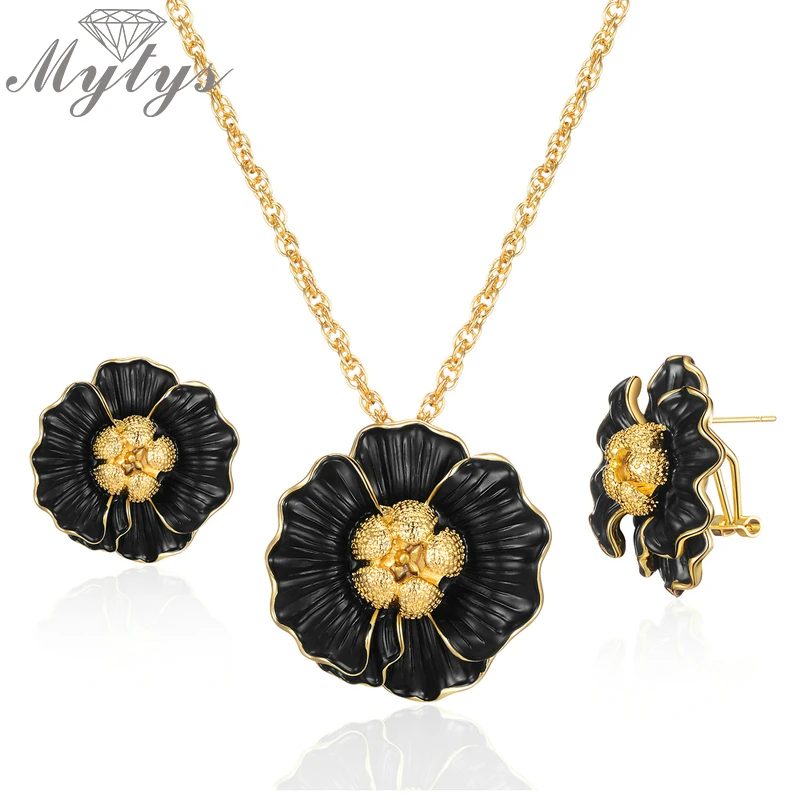 Mytys Золотая цепь черный цветок Ювелирные наборы винтажные массивные большие металлические комплекты из серег и ожерелий Модные Ювелирные изделия Подарки CE618 CN541