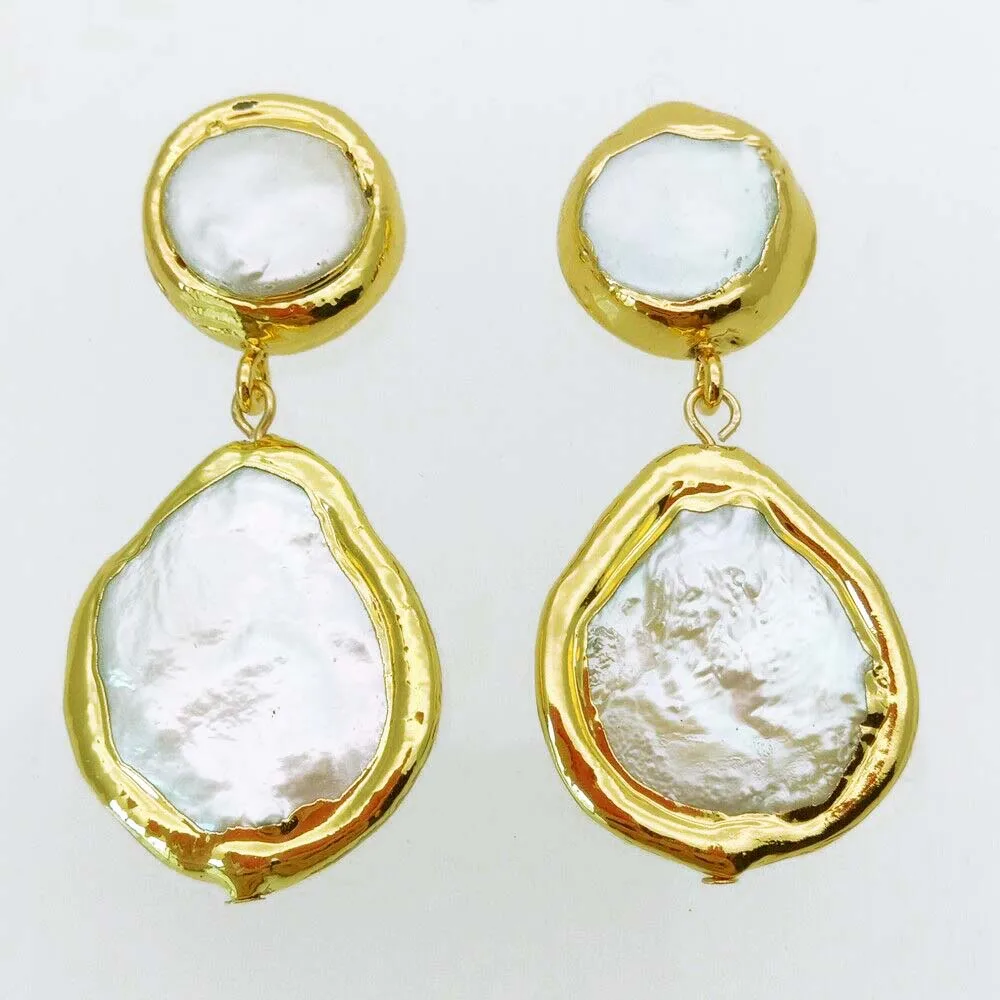 

Women's Golden Plated natural white coin freshwater pearls stud Earrings