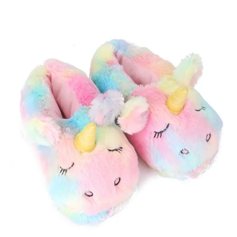 FAYUEKEY Cartoon Rainbow Unicorn Slippers Women Girls Winter Plush Warm Home Slippers Indoor Shoes Cotton Women Unicorn Shoes
