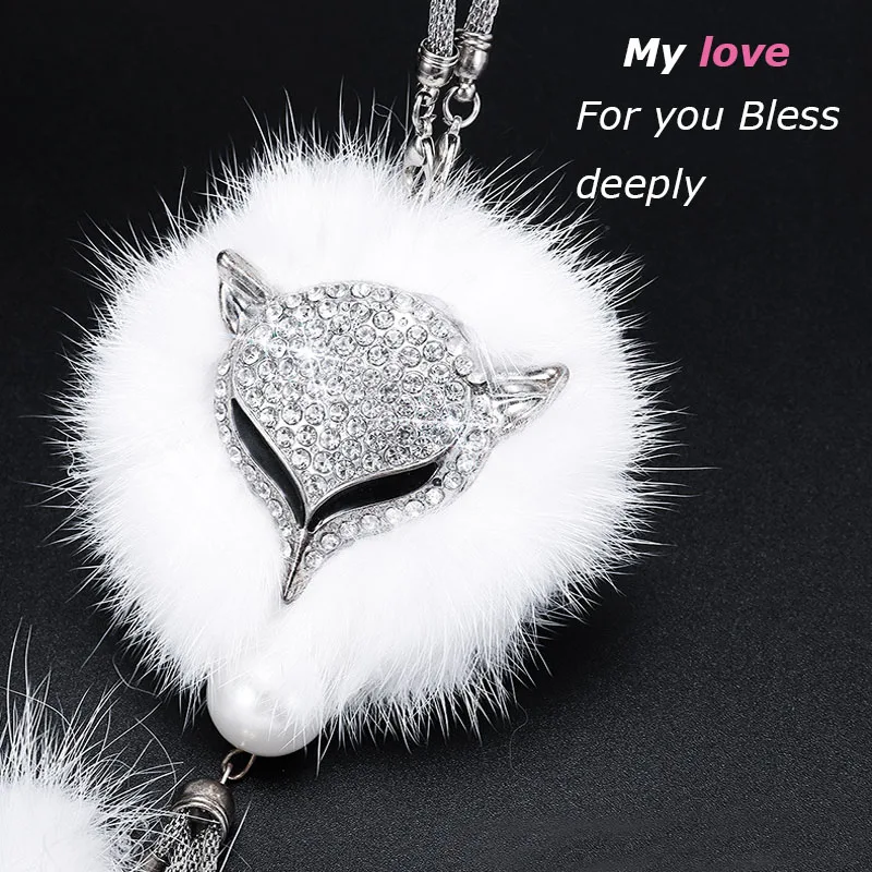 Pendente Per Specchietto Auto Uposao – Volpe Di Peluche Con Cristalli E Strass – Decorazione Auto Bling (Bianco, 26,5 Cm) - 3