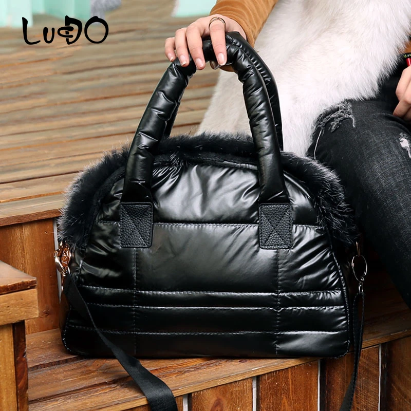 LUCDO Brand Luxury Handbag New Winter Woman Warm Space Cotton Shell Bags Designer Rabbit Fur Bag Ladies Jacket Shoulder Bag