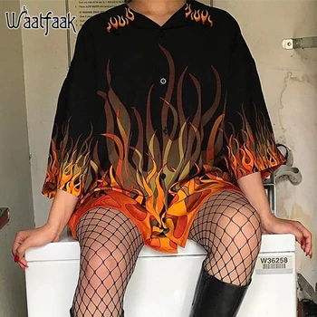 

Waatfaak Casual Plus Size Blouse Women Flame Print Black Blouses Top Harajuku Shirt Half Sleeve Summer Blouse 2020 Streetwear