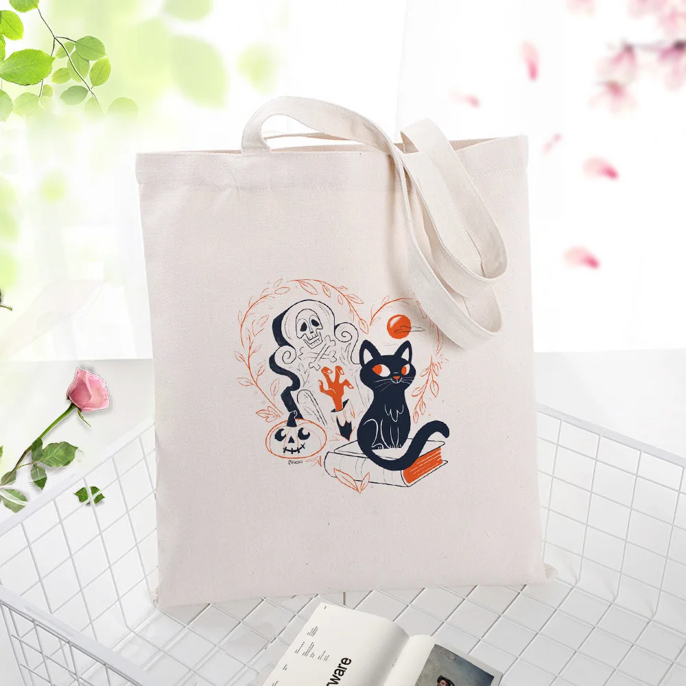 Canvas Tote Bag Halloween Handbag Custom Print Logo Text DIY Eco Reusable Recycled Shopping Bag Festival Gifts Bag