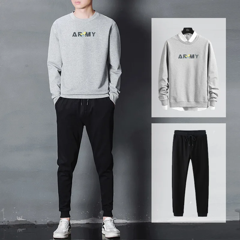 

Ling xing Stronger Autumn Crew Neck Hoodie Suit Men Long Sleeve Trousers Leisure Suit Two Pieces a Set of Cotton