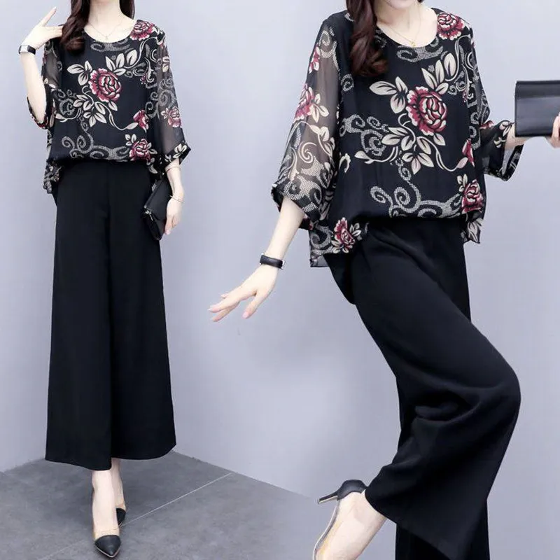 

Black Wide-leg Pants Suit Women Summer Two-piece Set Female Fashion Plus Size Printed Chiffon Top Wide-leg Pants S 5XL
