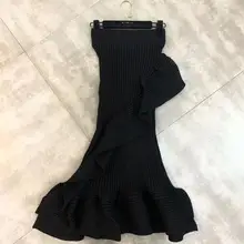 Новинка, зимняя эластичная Асимметричная юбка с оборкой, вязаная юбка рыбий хвост, женские юбки, сексуальная черная юбка на бедрах