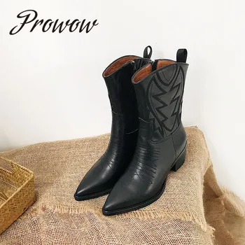 

Prowow New Genuine Leather Sexy Pointed Toe Embrodery Mid Claf Boots Zip Side Thick Heel Cowboy Boots Shoes Women