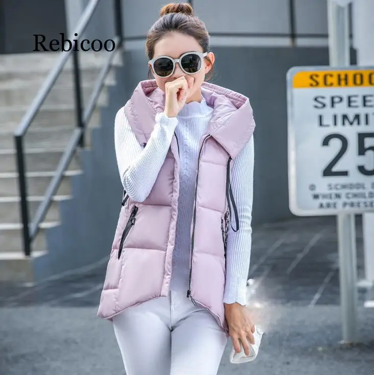 Pink Женский хлопковый жилет на осень и зиму в Корейском стиле дикого Модный хлопковый жилет Большие размеры с неровными краями куртка с капюшоном без рукавов - Цвет: Pink