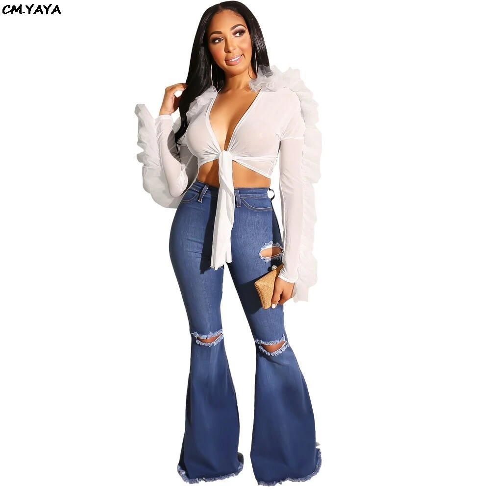 2019 women new summer ruffles splicing long sleeve tie up v-neck mesh see though streetwear blouses &amp shirt top 3 color GLMH7011 | Женская