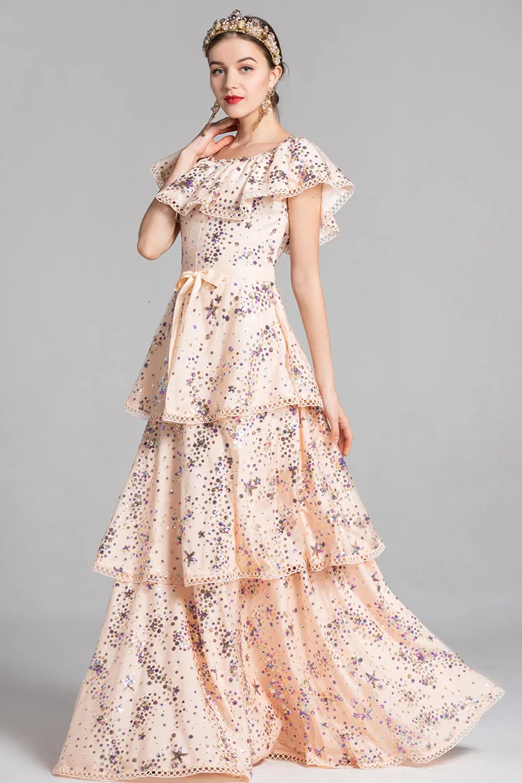 BGW Vestido, Noche, Largo, расшитое блестками, с вырезом лодочкой, Многоуровневое вечернее платье, короткий рукав, ТРАПЕЦИЕВИДНОЕ, одноцветное, официальное, вечернее платье