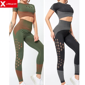 

2020 New Women's 2 Pieces Outfits Cropped Tank Top T-shirs Long Pants Tracksuits Set Sportwear Workout Fitness Running Athletic