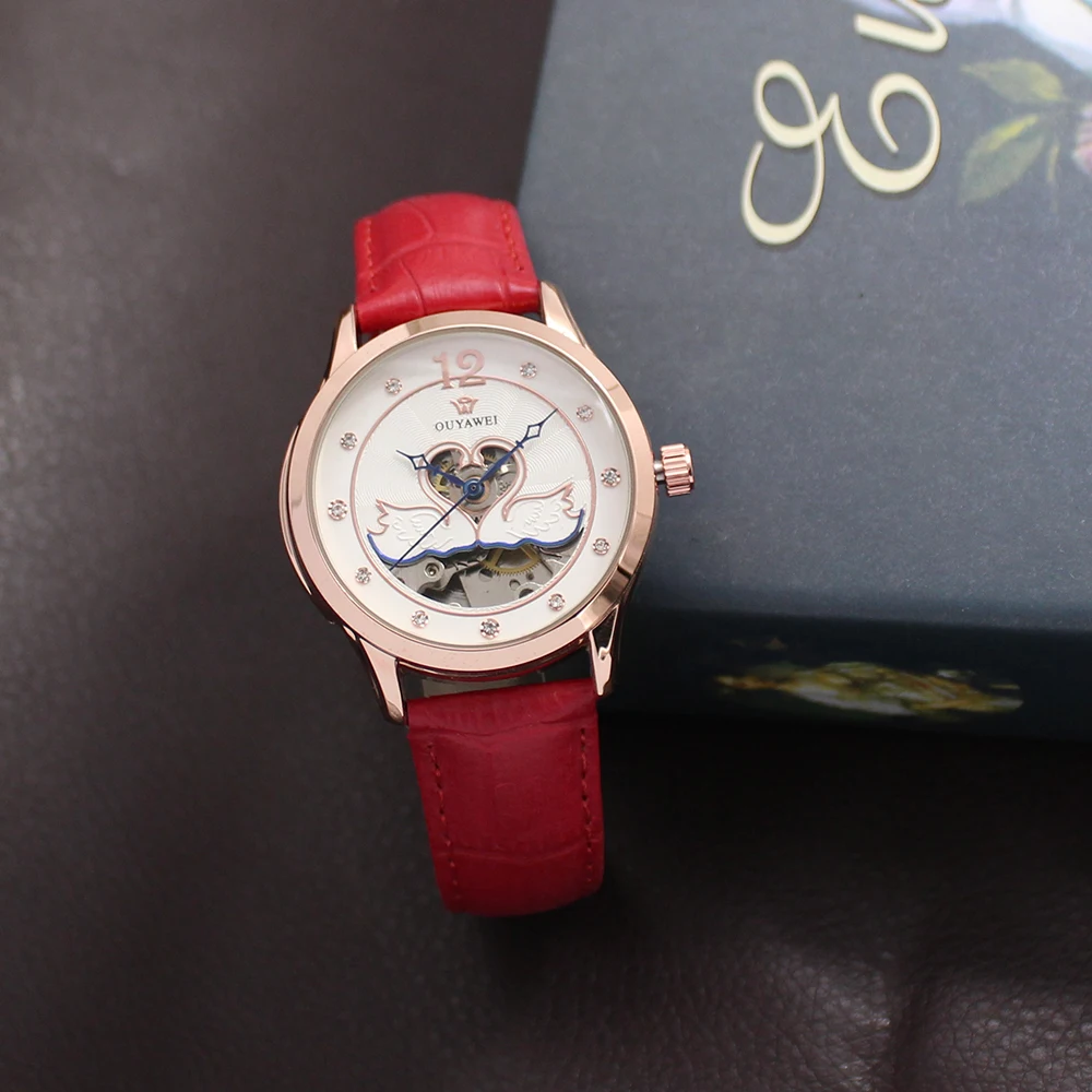 Женские автоматические механические часы скелетоны из натуральной кожи