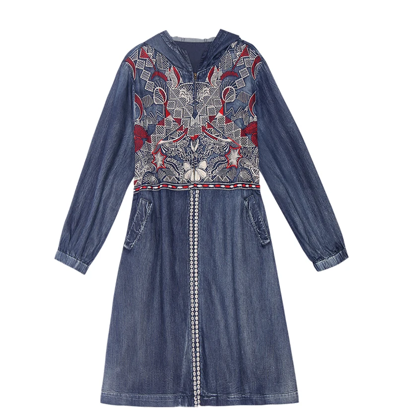 TEELYNN джинсовая ветровка boho с капюшоном пальто Верхняя одежда с длинными рукавами весна осень этнические пальто с вышивкой женский топ женские пальто - Цвет: Синий