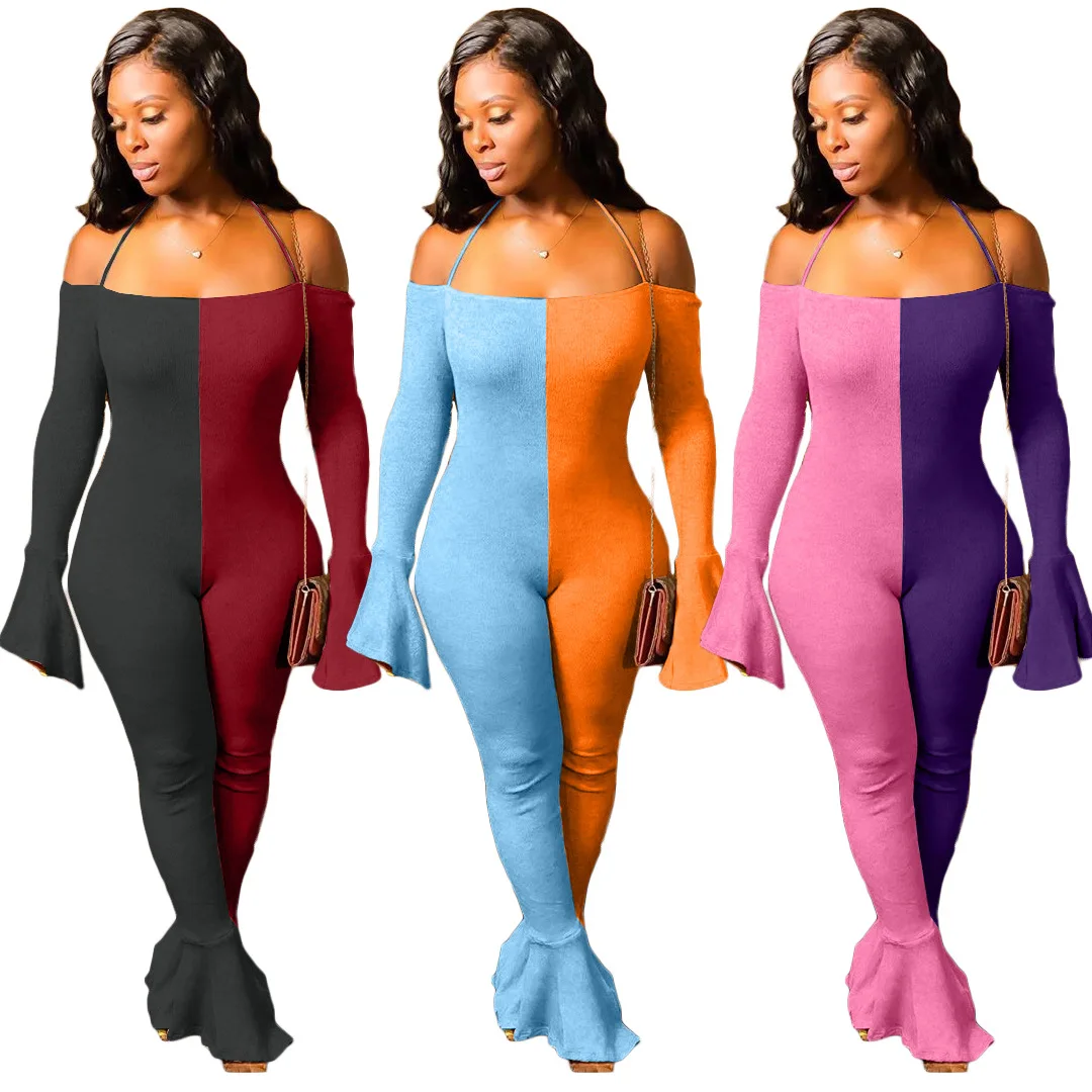 

Color Bloack Patchwork Bell Bottom Jumpsuit for Women Spaghetti Strap Off Shoulder Slim Overall Fashion Backless Party Rompers