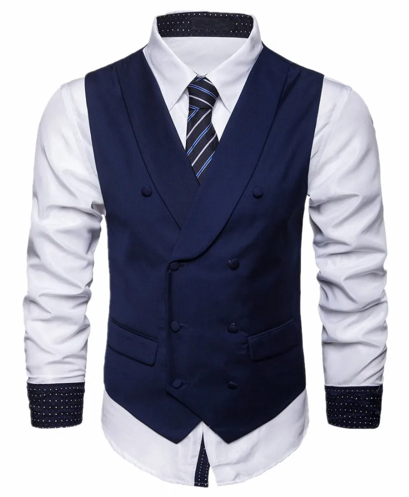 Формальные однотонные мужские нарядные жилеты двубортные свадебные Женихи смокинг жилет верхняя одежда для Бизнес работы - Цвет: Navy Blue