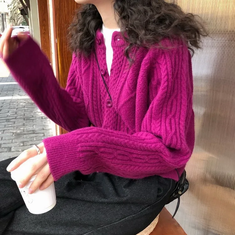 

Hemp Sweater Jacket Women's loose wear autumn and winter Korean version lazy thickening versatile round neck short knitted