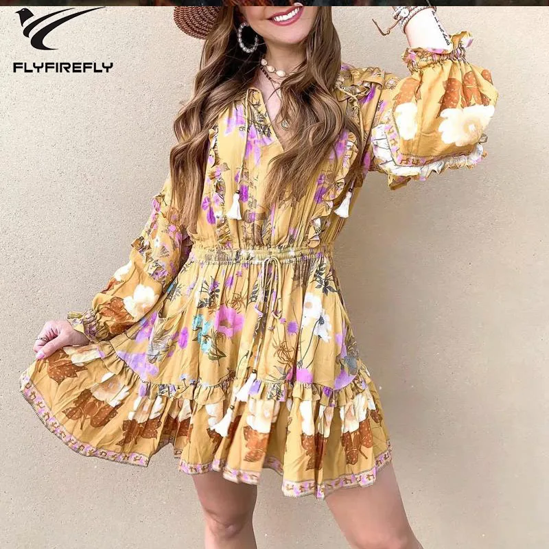 Boho шикарное желтое платье для женщин винтажное хлопковое мини с длинными
