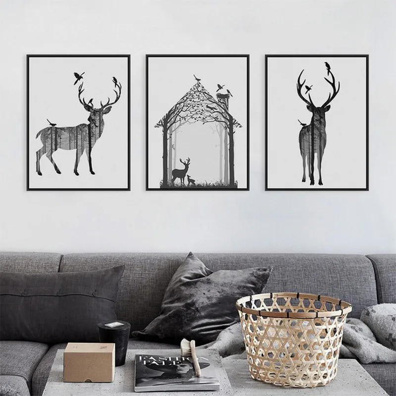 

Modern Black and White Silhouette Animal Decorative Painting Nordic Minimalist Forest Elk Poster Wall Pictures for Living Room