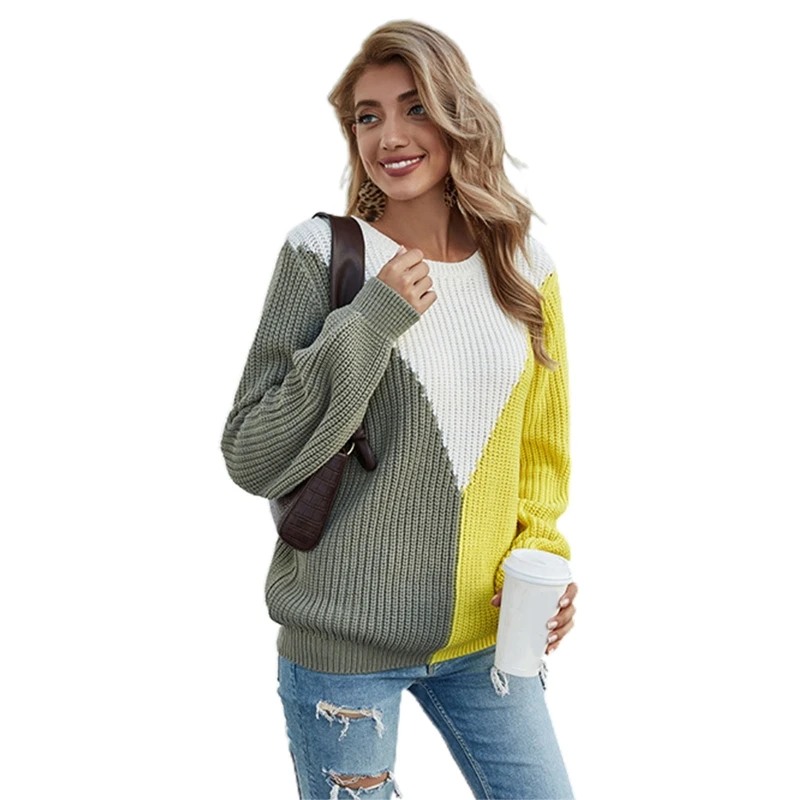 

Women Long Sleeve O-Neck Sweater V-Shape Color Block Loose Jumper Tops Knitwear N0HE