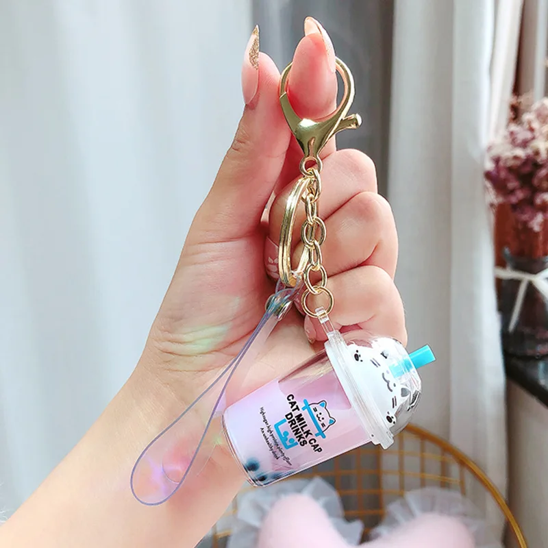 Cartoon Cute Cat Keychain Milk Tea Cup Liquid Quicksand Sequin Key Ring Charm Bag Car Pendant Key Chain for Women Men Kids