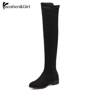 

Haoshen&Girl Women Winter Suede Over The Knee High Boots Low Heel Long Boots Zipper Warm Thin High Boots Shoes Size33-46