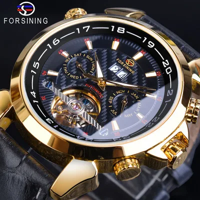 

Forsining Flywheel Men Automatic Analog Watch Multi-functional Calendar Week Leather Belt Men's Watch